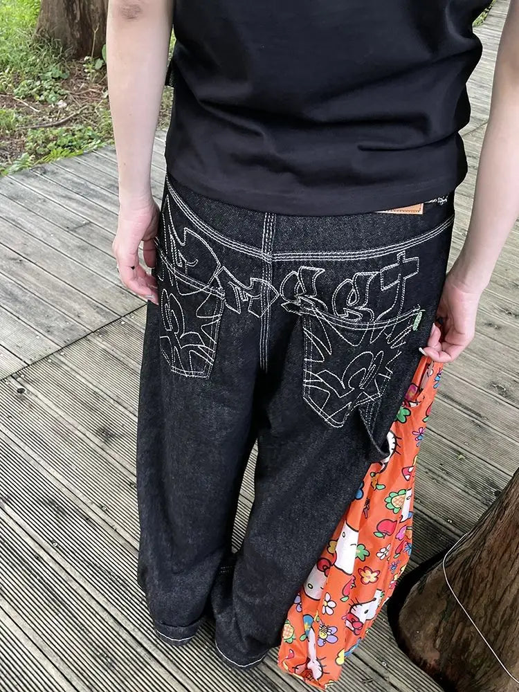 Y2K Baggy Black Embroidered Jeans