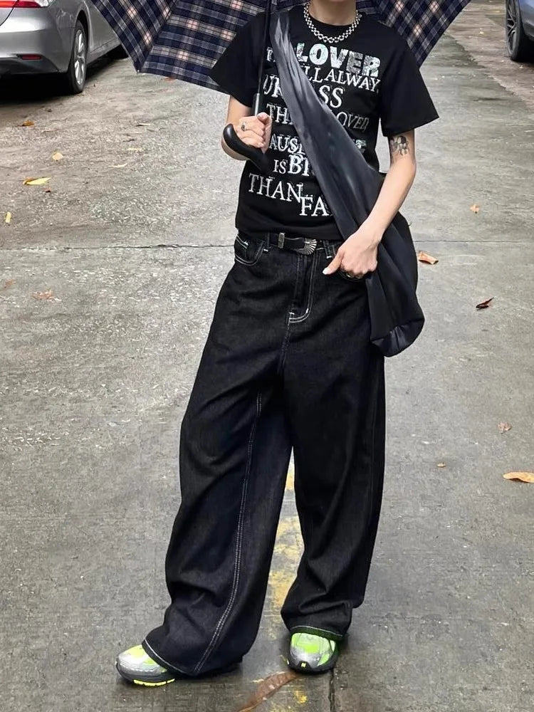 Y2K Baggy Black Embroidered Jeans