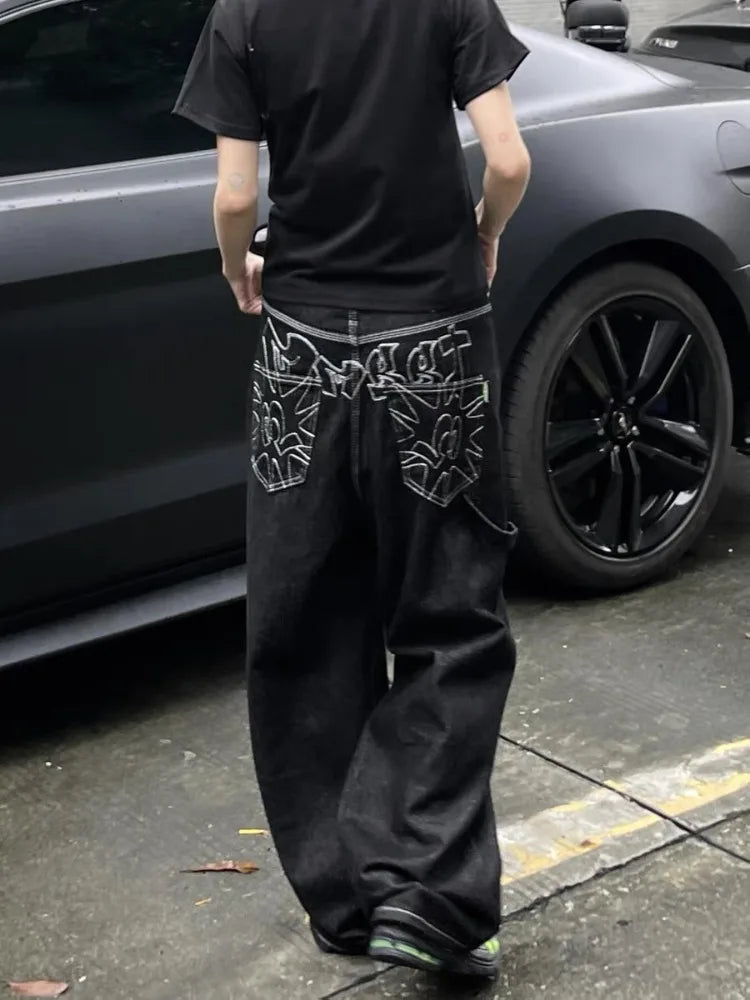 Y2K Baggy Black Embroidered Jeans