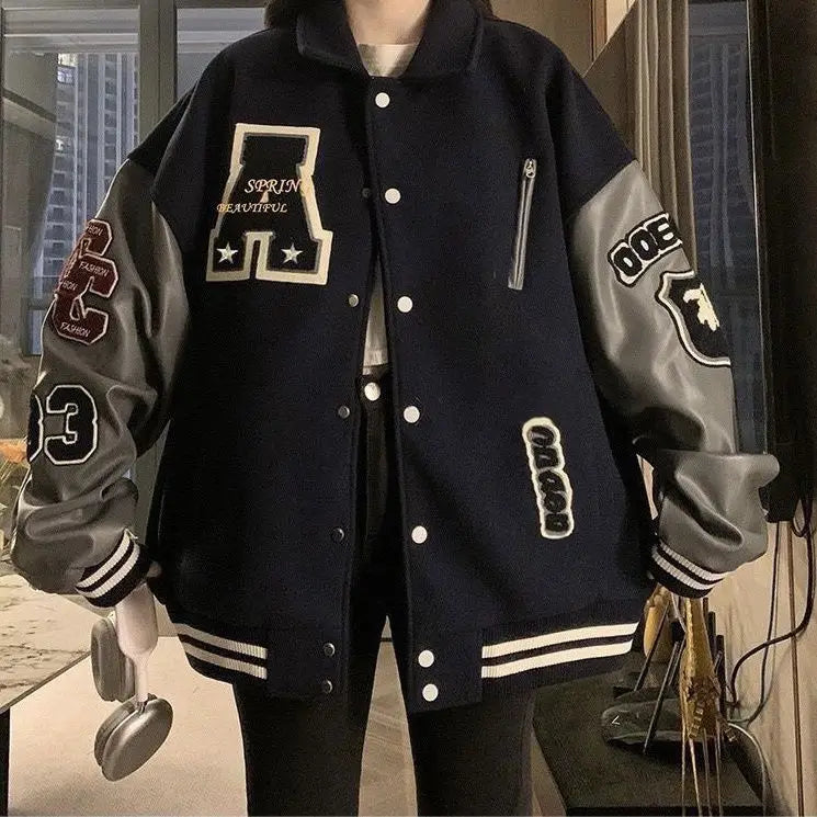 Y2K Baggy Fit Black And Grey Varsity Jacket