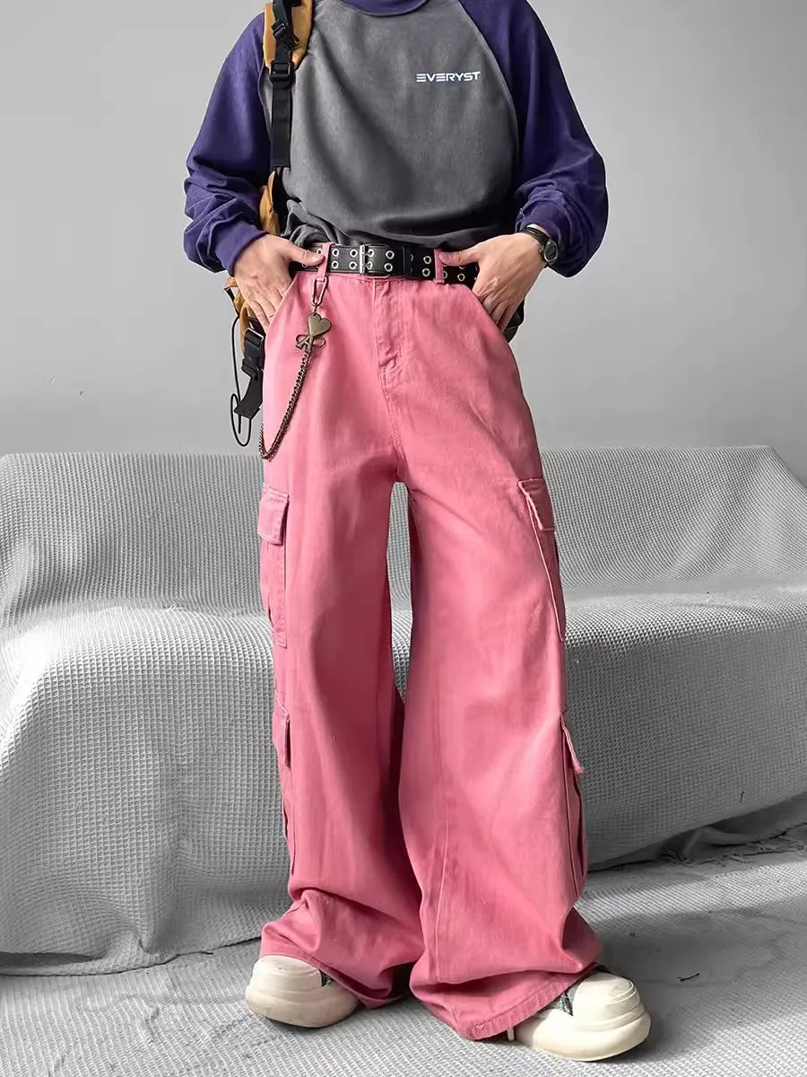 Y2K Baggy Flared Pink Cargo Pants