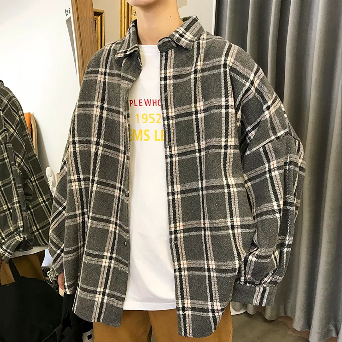 Y2K Baggy Plaid Long Sleeve Button Up Flannel Shirt