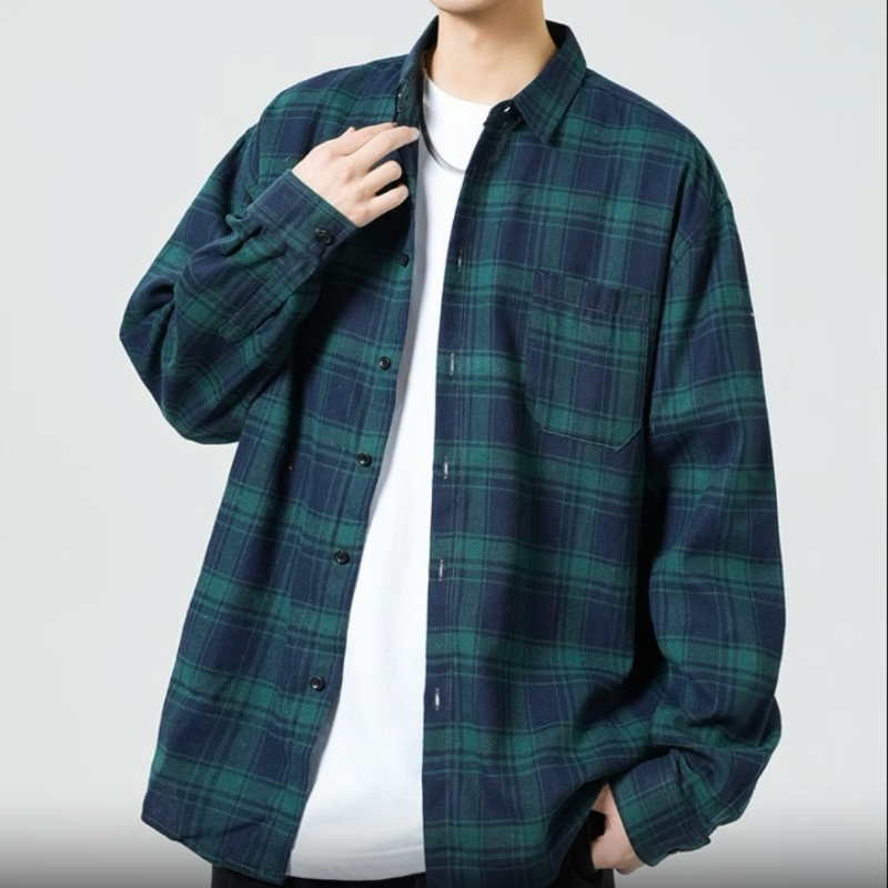 Y2K Baggy Plaid Long Sleeve Button Up Flannel Shirt