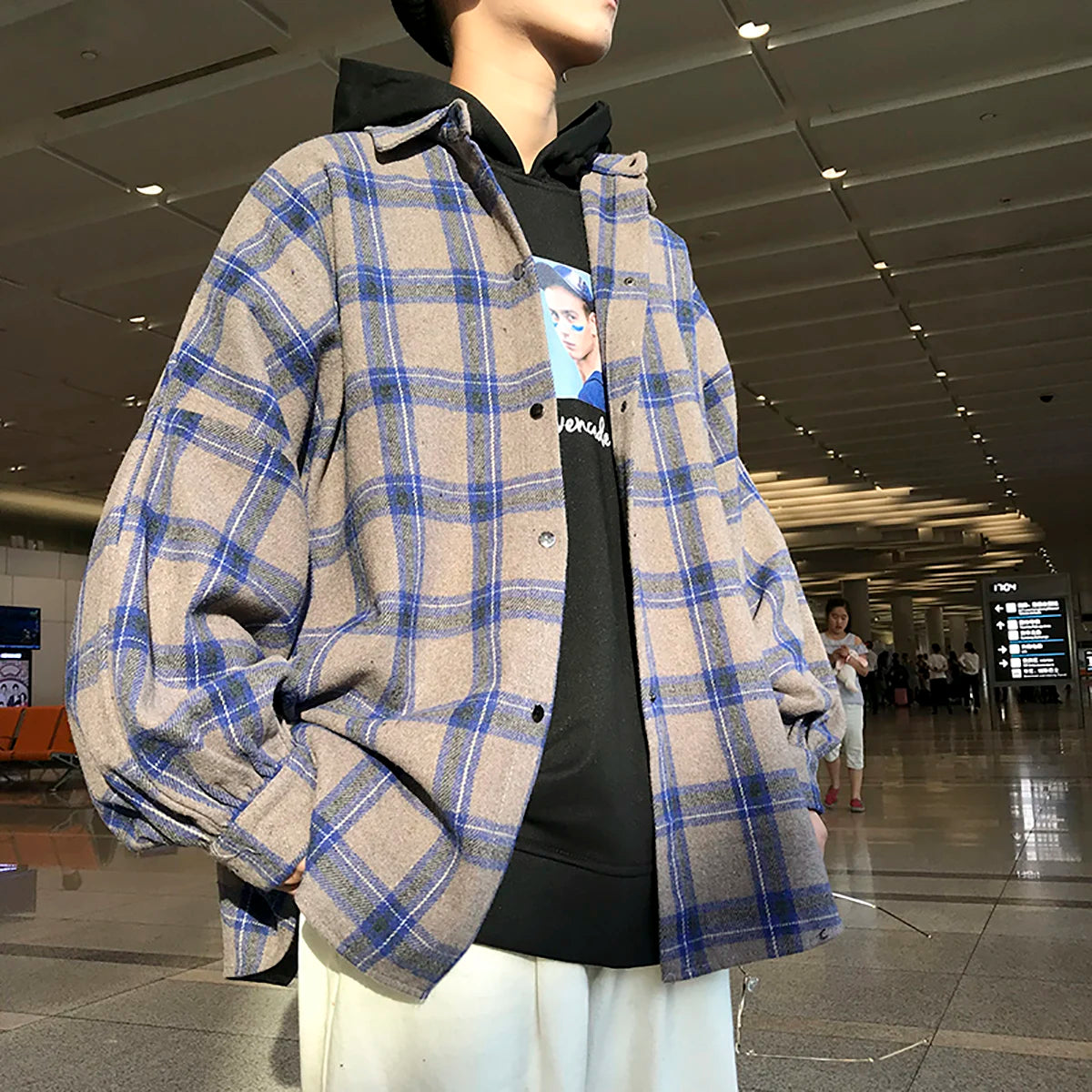 Y2K Baggy Plaid Long Sleeve Button Up Flannel Shirt