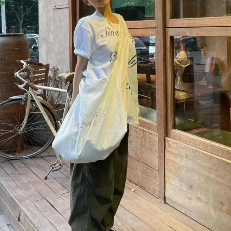 Y2K Baggy White Off Shoulder Graphic Top