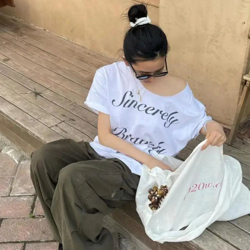 Y2K Baggy White Off Shoulder Graphic Top