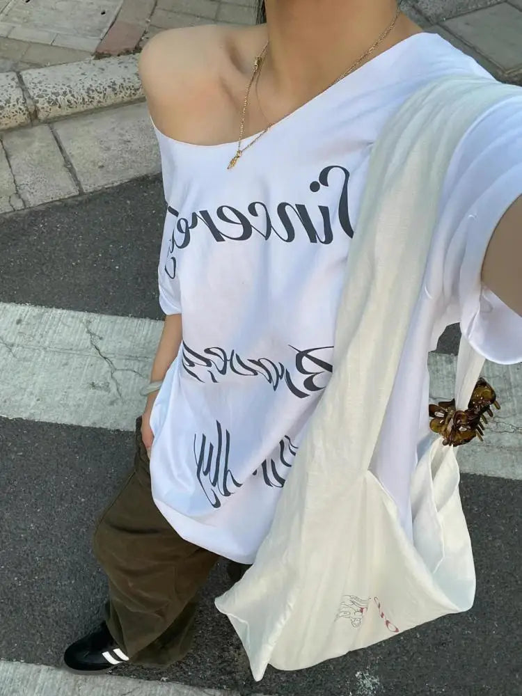 Y2K Baggy White Off Shoulder Graphic Top