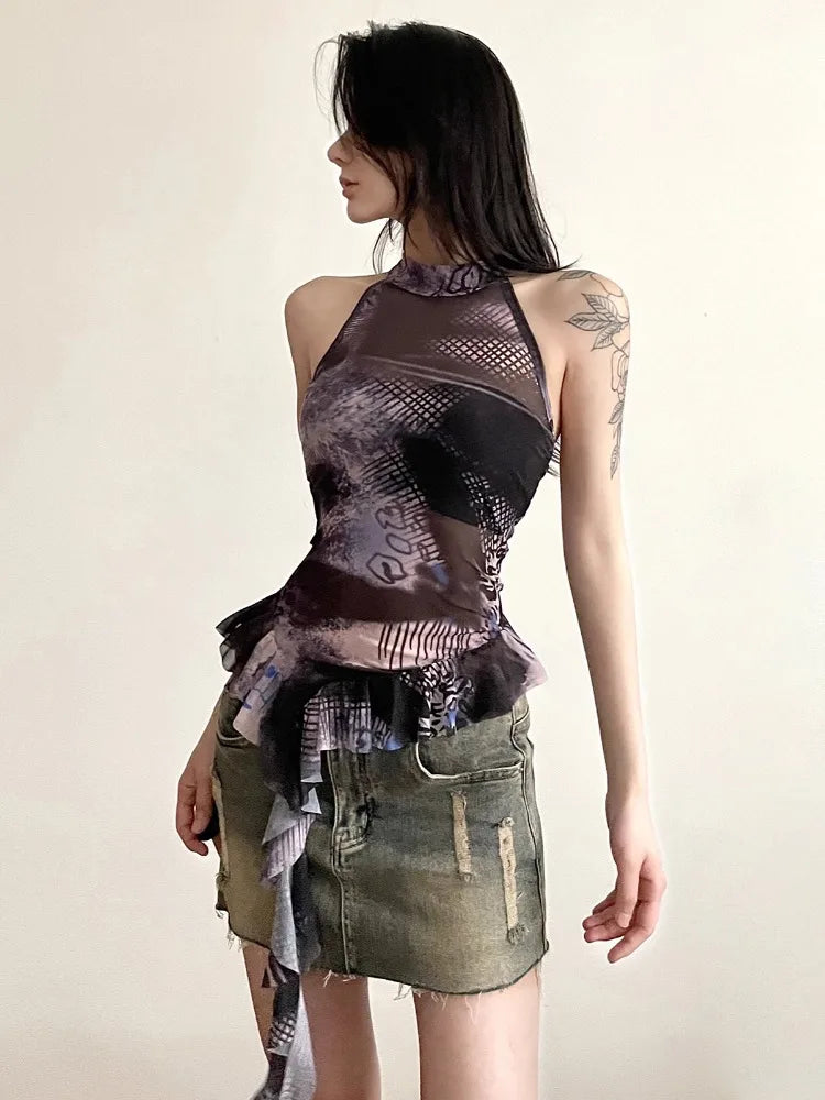 Y2K Bandage Sleeveless Mesh Top