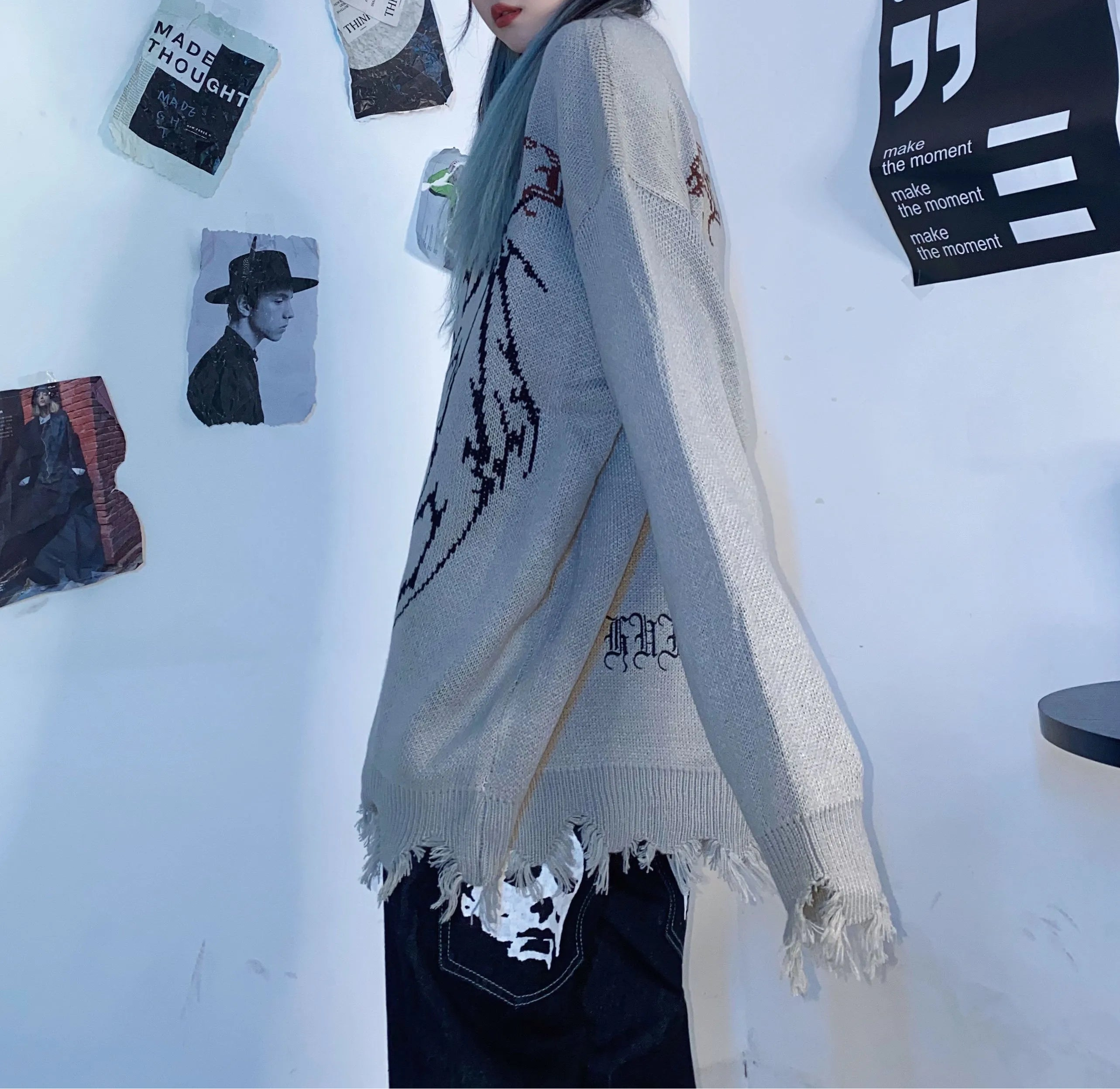 Y2K Bat Skeleton Graphic Knitted Sweater