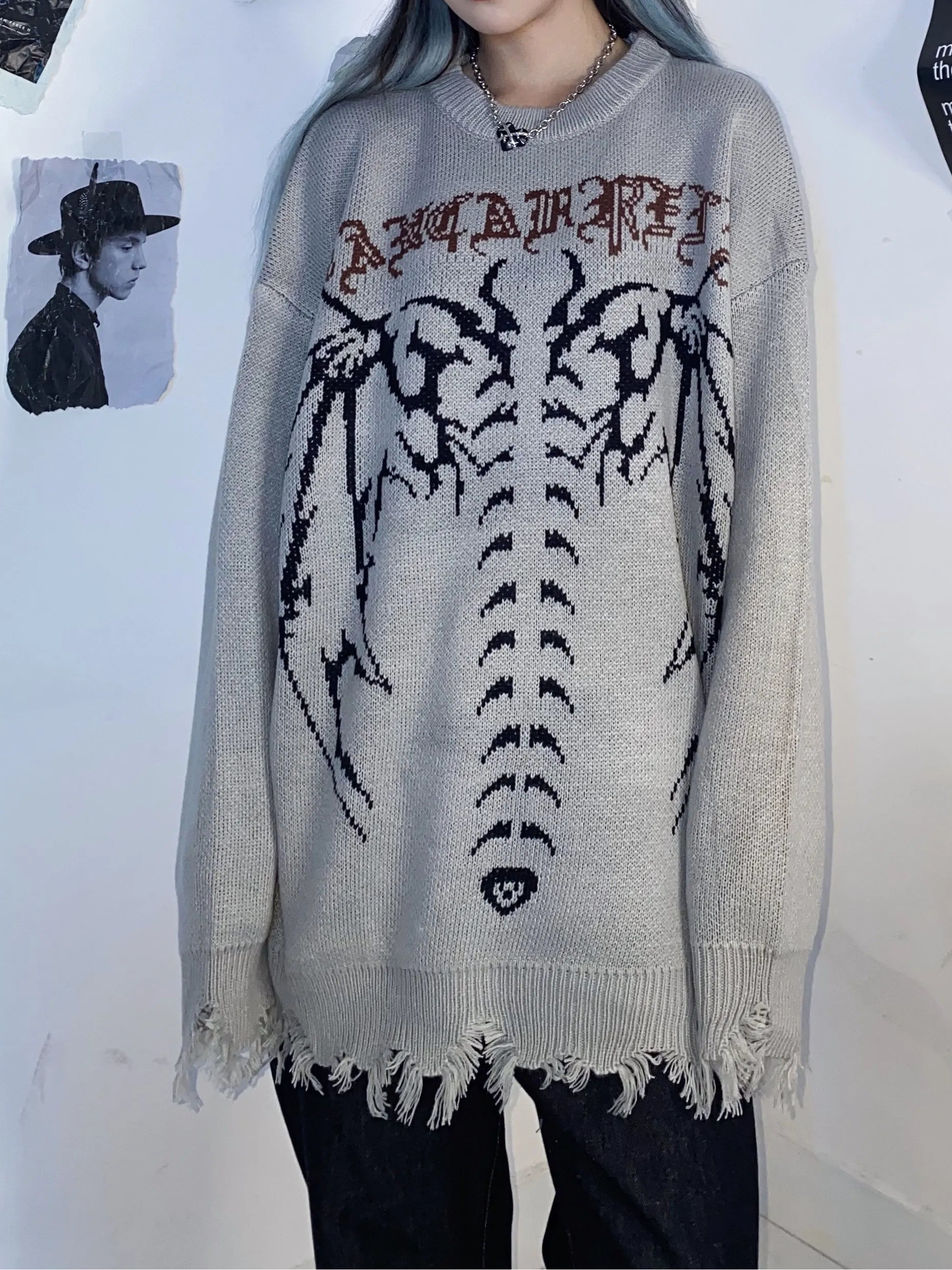 Y2K Bat Skeleton Graphic Knitted Sweater