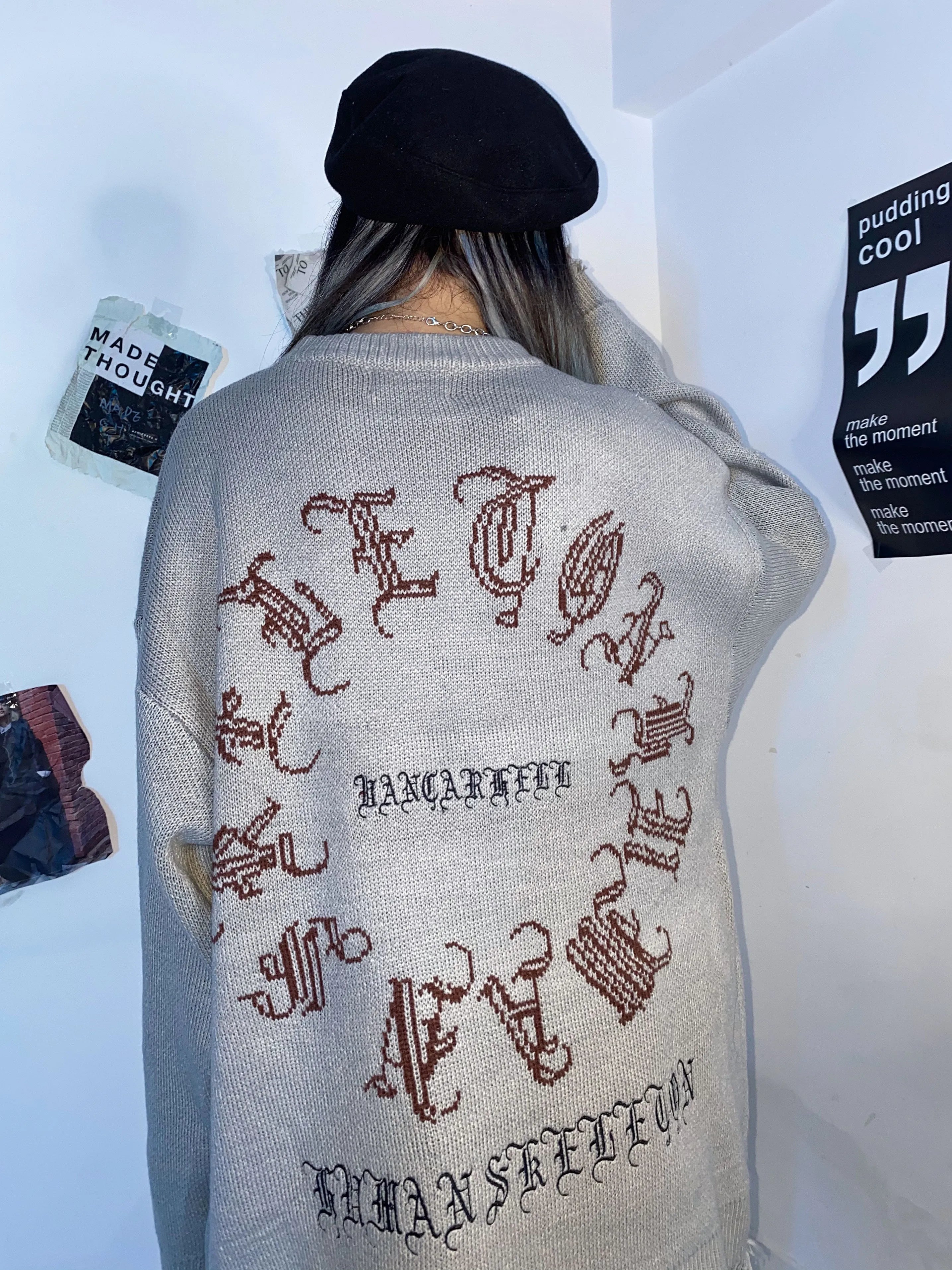 Y2K Bat Skeleton Graphic Knitted Sweater