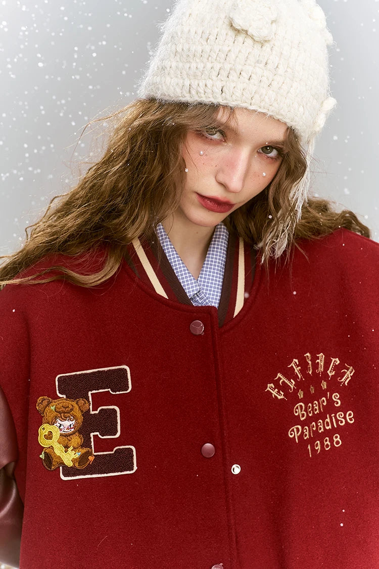 Y2K Bears Paradise Embroidered PU Leather Sleeve Varsity Jacket