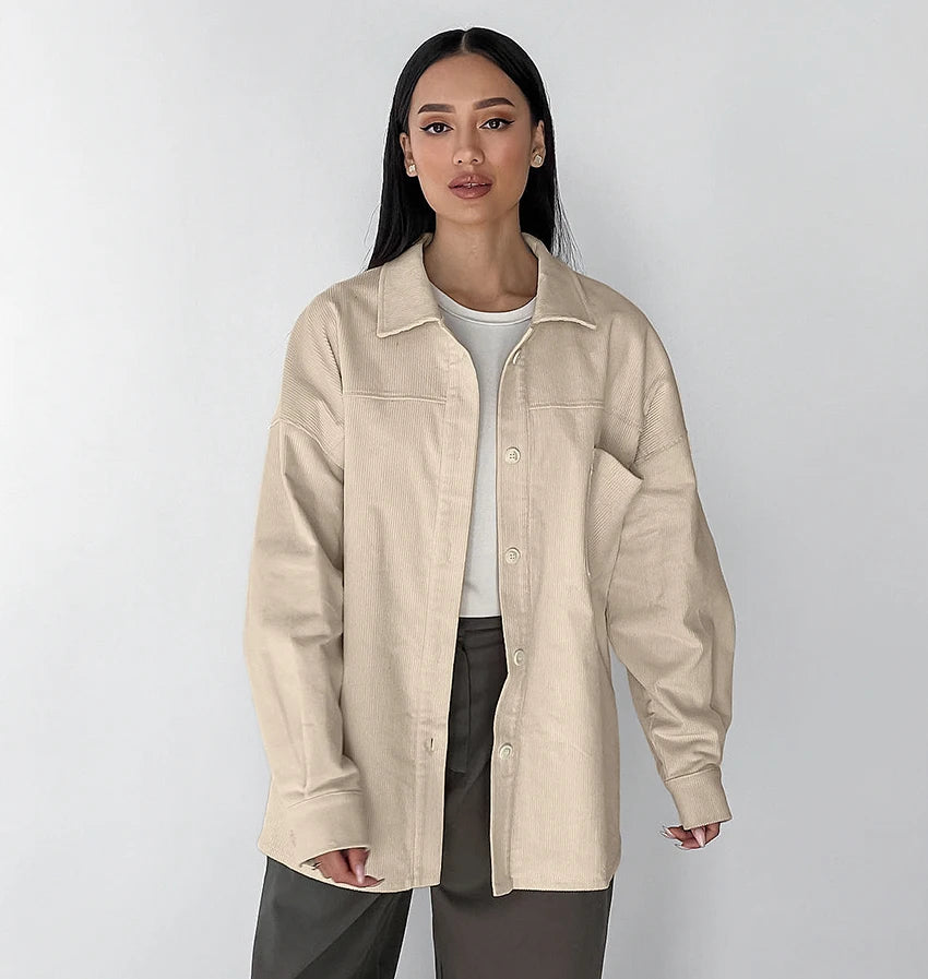 Y2K Beige Oversized Long Sleeve Button Up Shirt