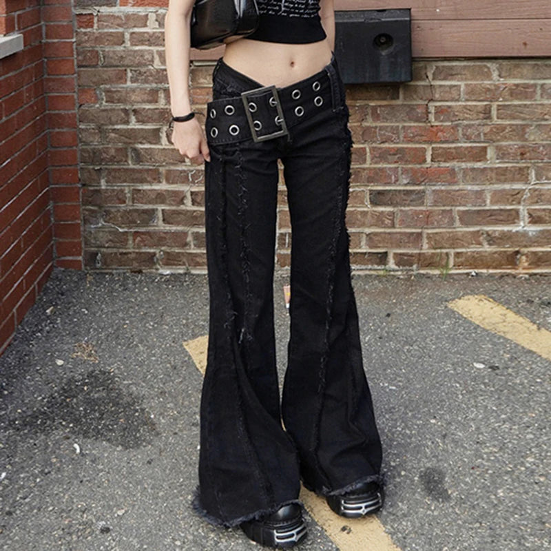 Y2K Big Belt Gothic Flare Jeans