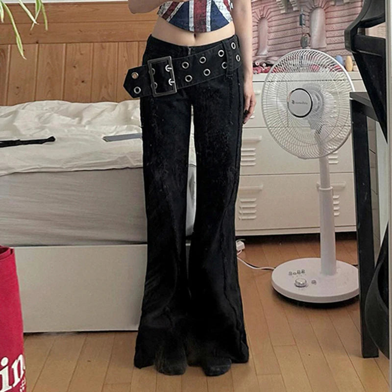 Y2K Big Belt Gothic Flare Jeans