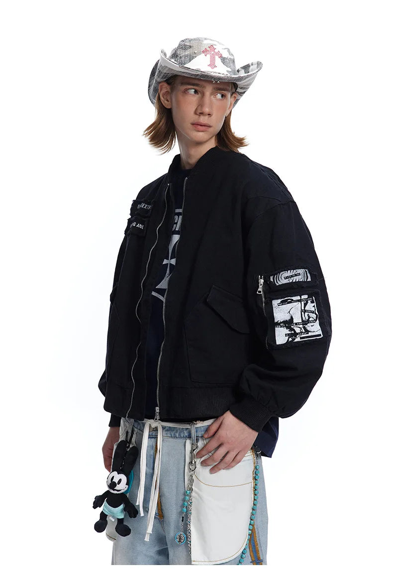 Y2K Big Pocket Embroidered Patch Bomber Jacket