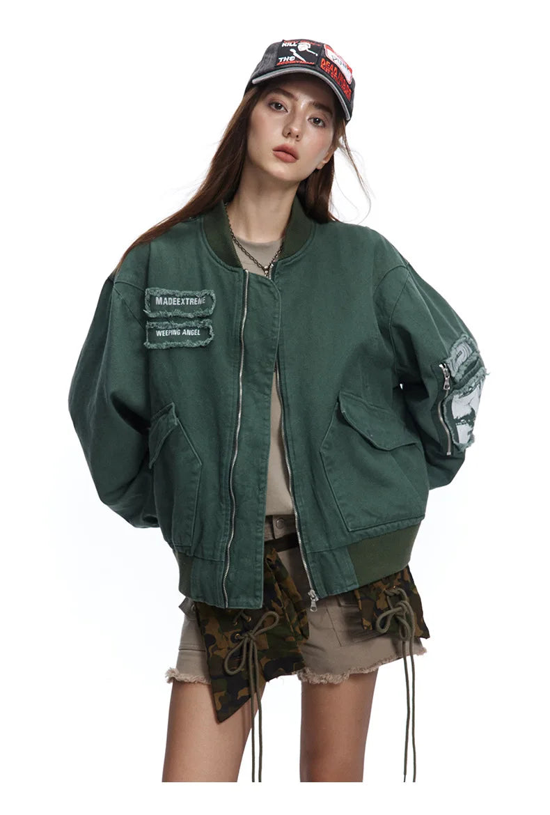 Y2K Big Pocket Embroidered Patch Bomber Jacket