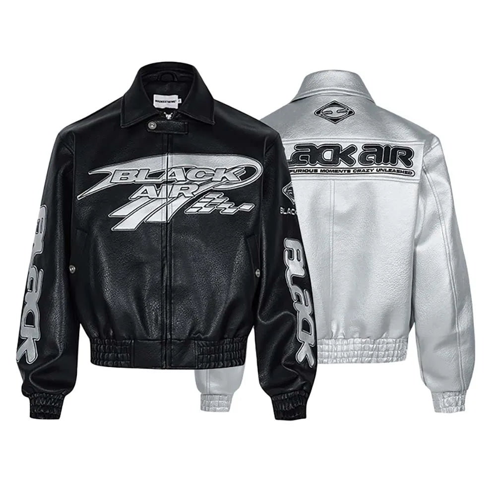 Y2K Black Air Embroidered Racing Leather Jacket