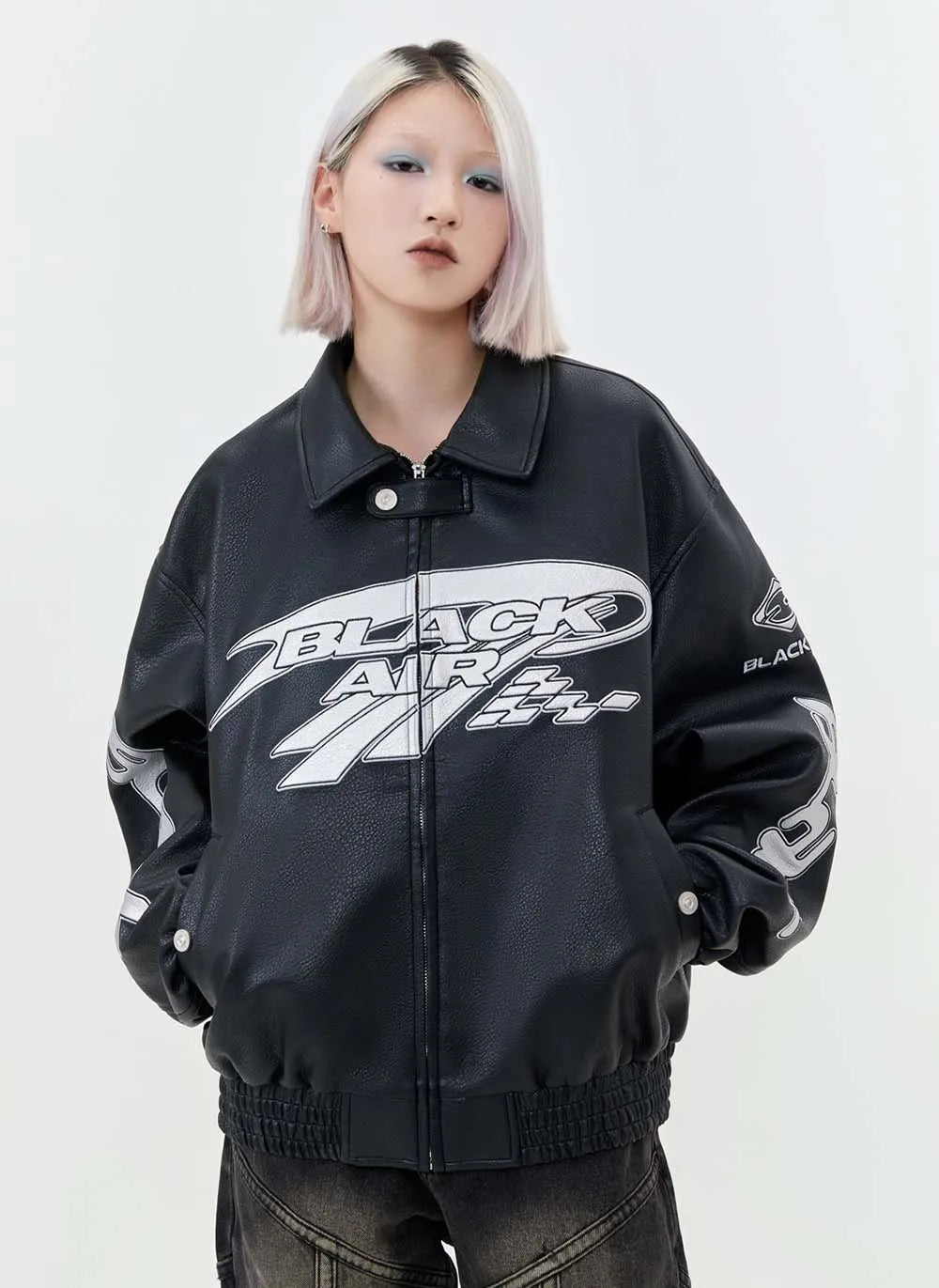 Y2K Black Air Embroidered Racing Leather Jacket