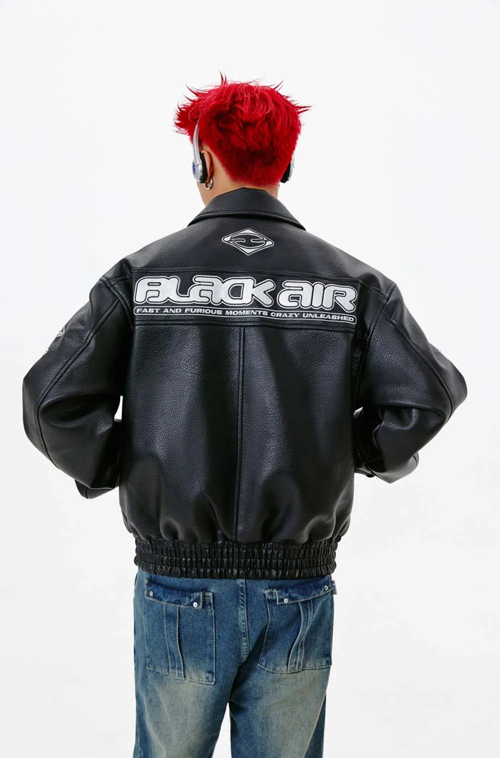 Y2K Black Air Embroidered Racing Leather Jacket