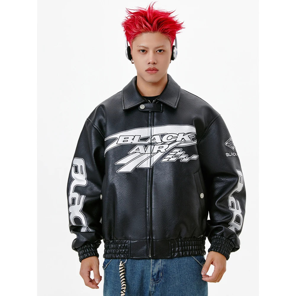 Y2K Black Air Embroidered Racing Leather Jacket