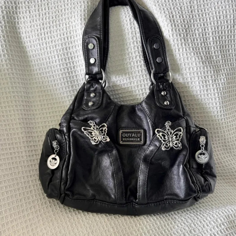 Y2K Black Butterfly Leather Handbag