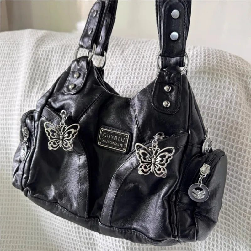 Y2K Black Butterfly Leather Handbag