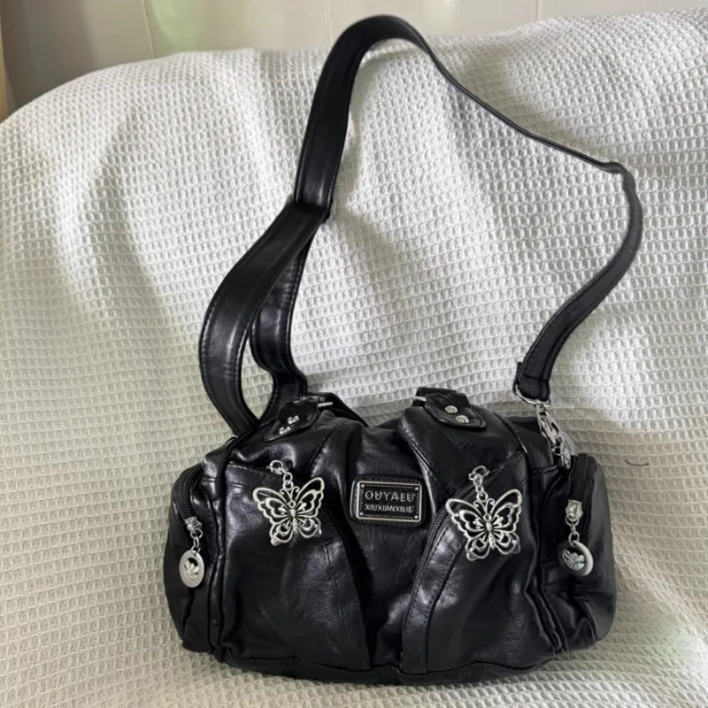 Y2K Black Butterfly Leather Handbag