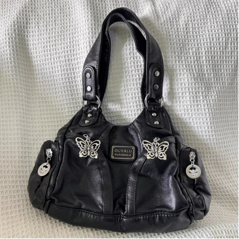 Y2K Black Butterfly Leather Handbag