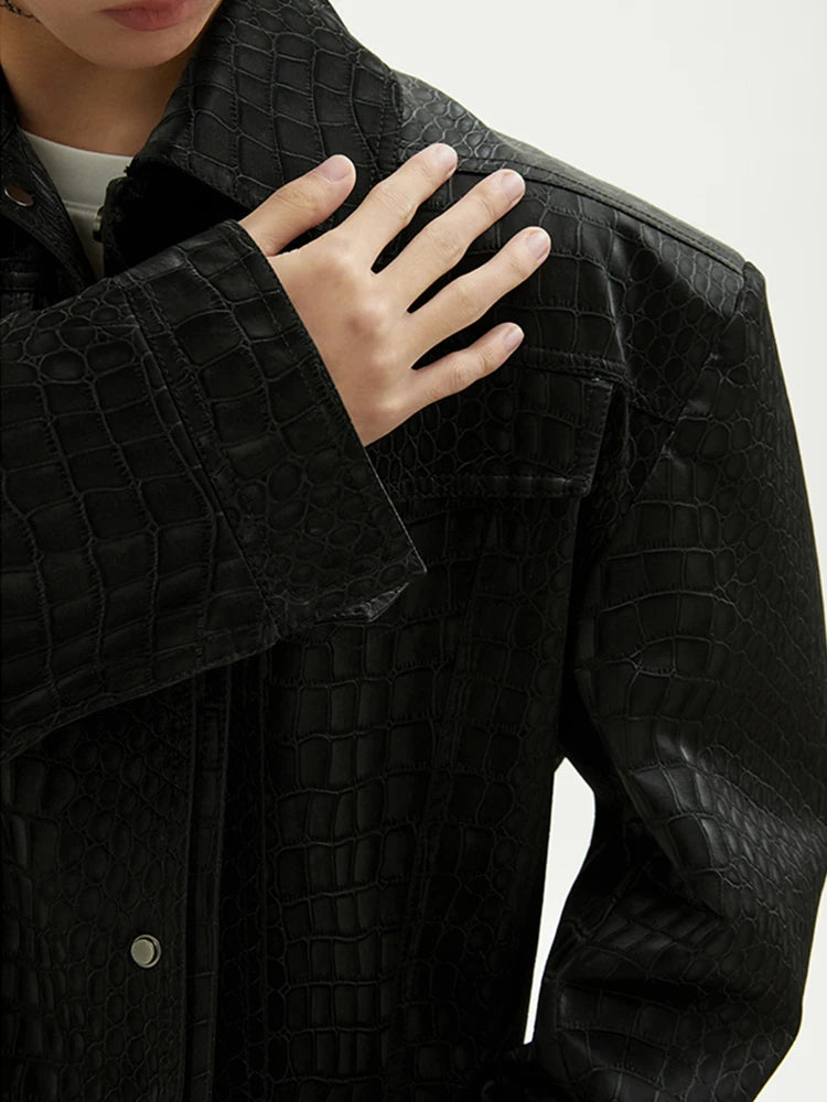 Y2K Black Crocodile Print Pu Leather Jacket