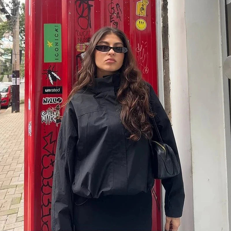 Y2K Black Essentials Windbreaker Zip Up Bomber Jacket