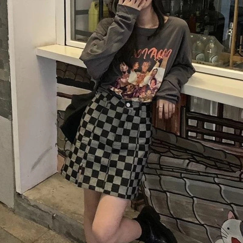 Harajuku Black Grey Plaid Streetwear Mini Skirt