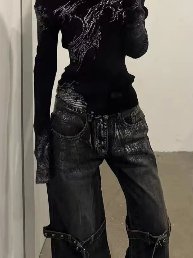 Y2K Black Grunge Boot Cut Jeans