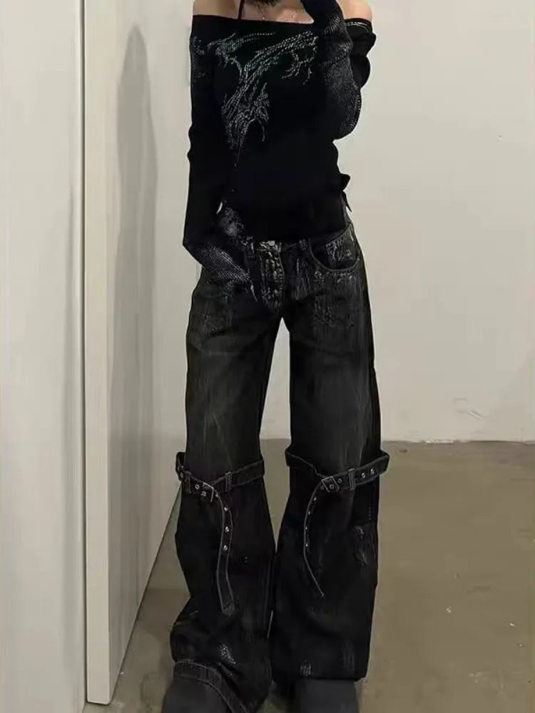 Y2K Black Grunge Boot Cut Jeans