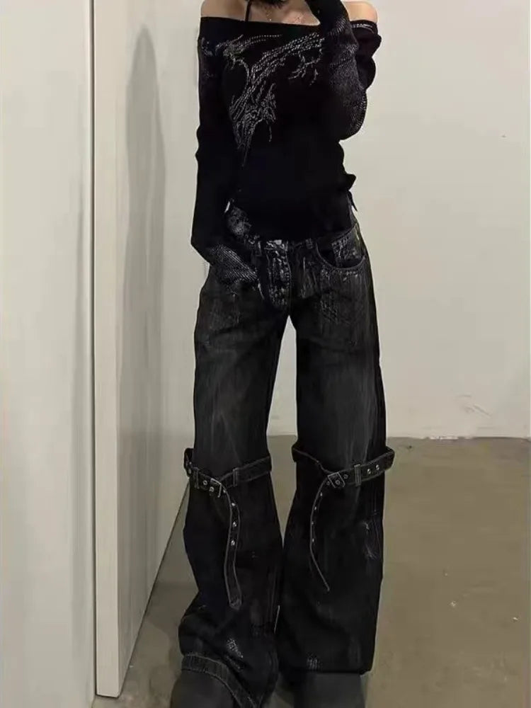 Y2K Black Grunge Boot Cut Jeans