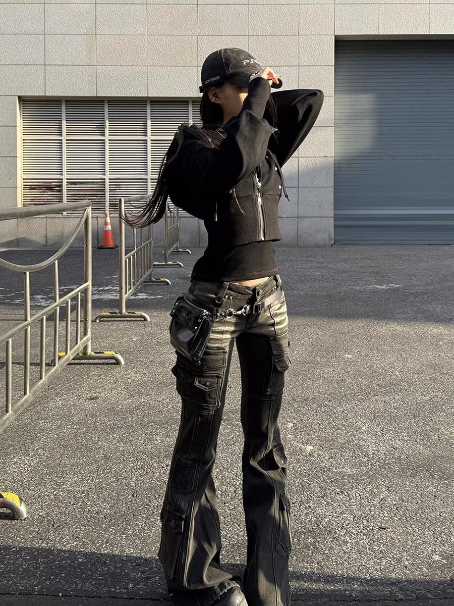 Y2K Black Low Waist Cargo Flared Jeans