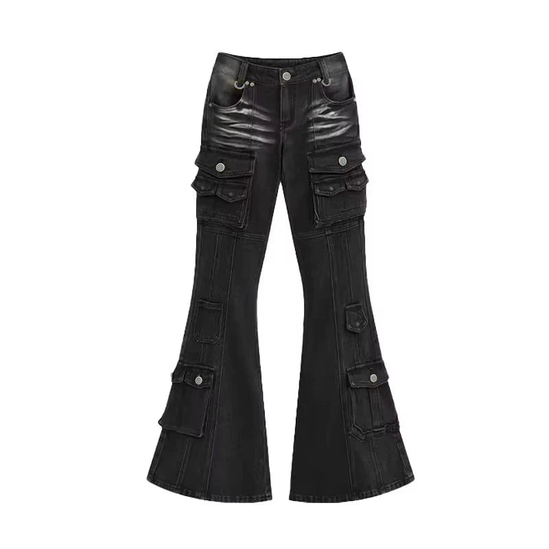 Y2K Black Low Waist Cargo Flared Jeans