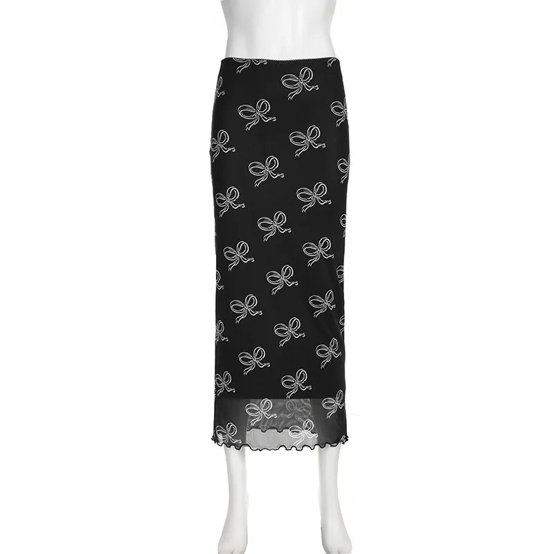 Y2K Black Mesh Flowy Maxi Skirt