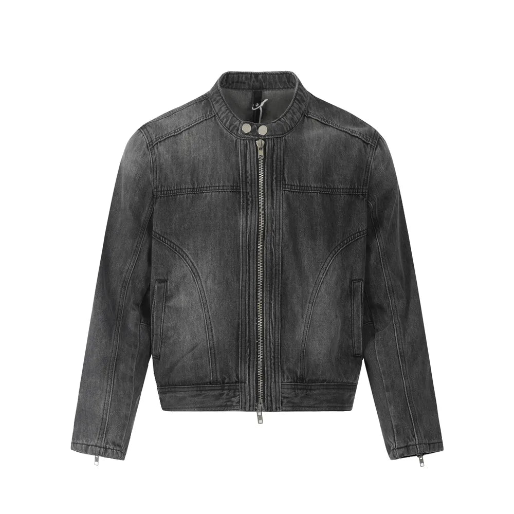 Y2K Black Motorcycle Zip Up Denim Jacket