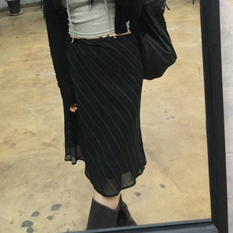 Y2K Black Striped Bow Flowy Midi Skirts