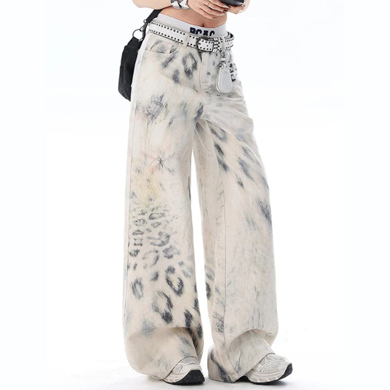 Y2K High Waist Snow Leopard Print Jeans