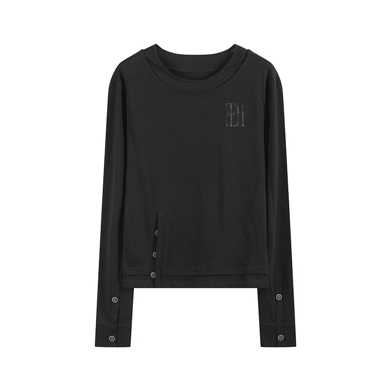 Y2K Black on Black Graphic Button Long Sleeve Top