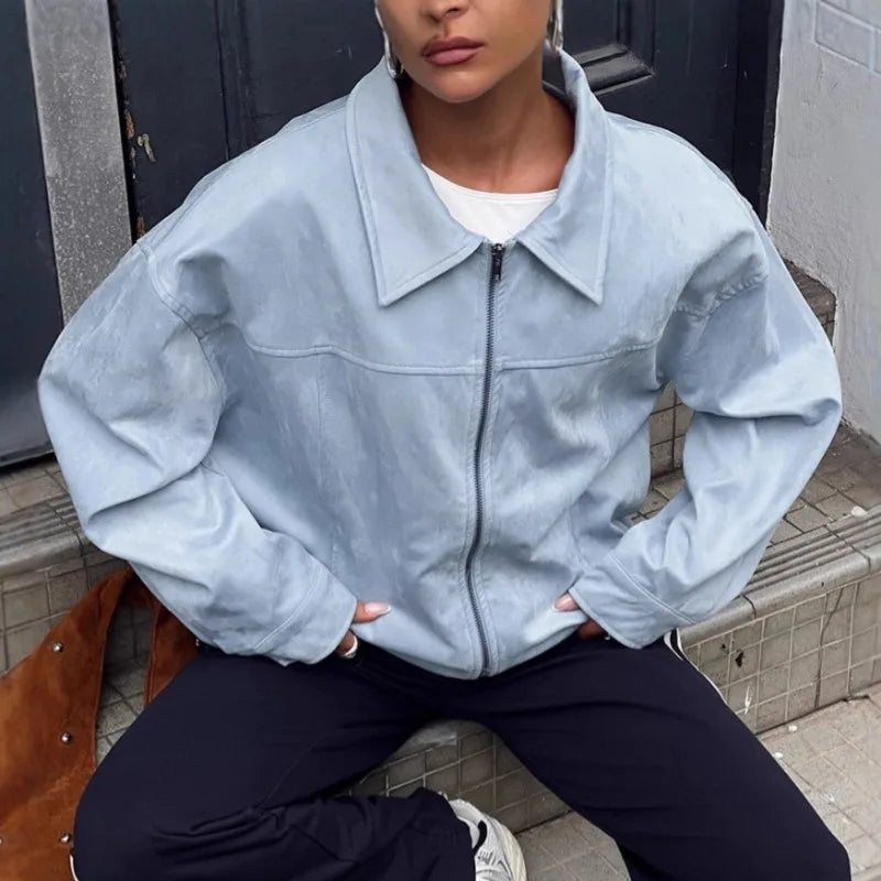 Y2K Blue Faux Suede Leather Jacket
