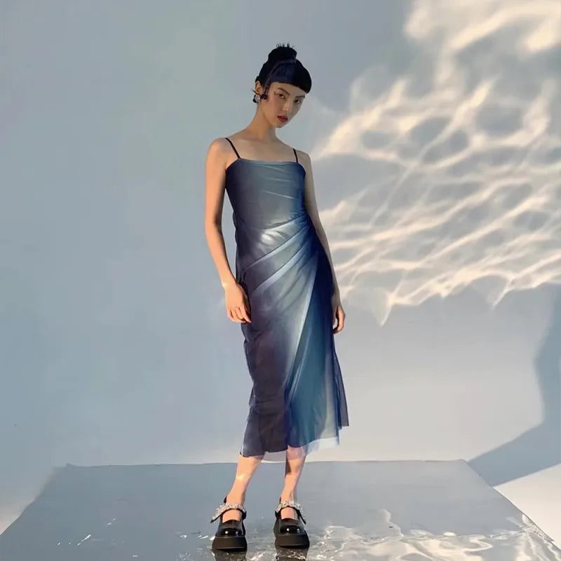Y2K Blue Gradient Aesthetic Mesh Midi Dress