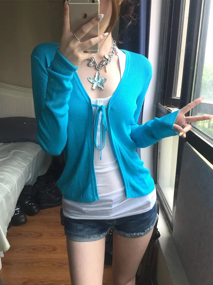 Y2K Blue Lace Up Long Sleeve Cardigan