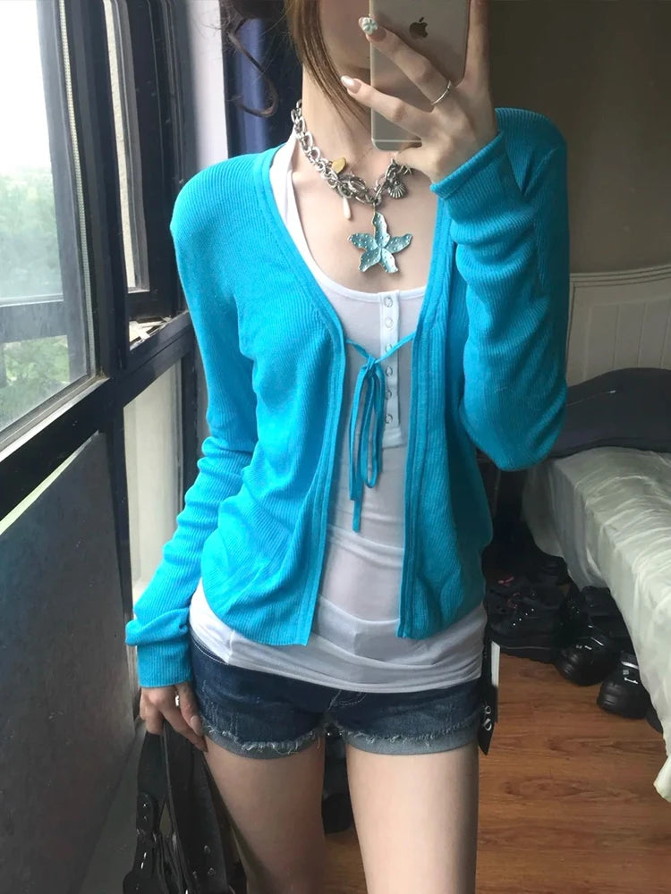 Y2K Blue Lace Up Long Sleeve Cardigan