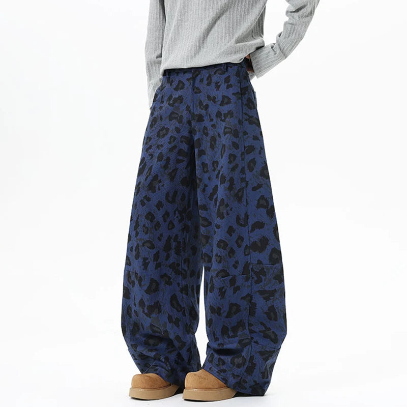 Y2K Blue Leopard Print Wide Leg Barrel Denim Jeans