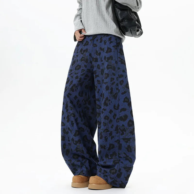 Y2K Blue Leopard Print Wide Leg Barrel Denim Jeans