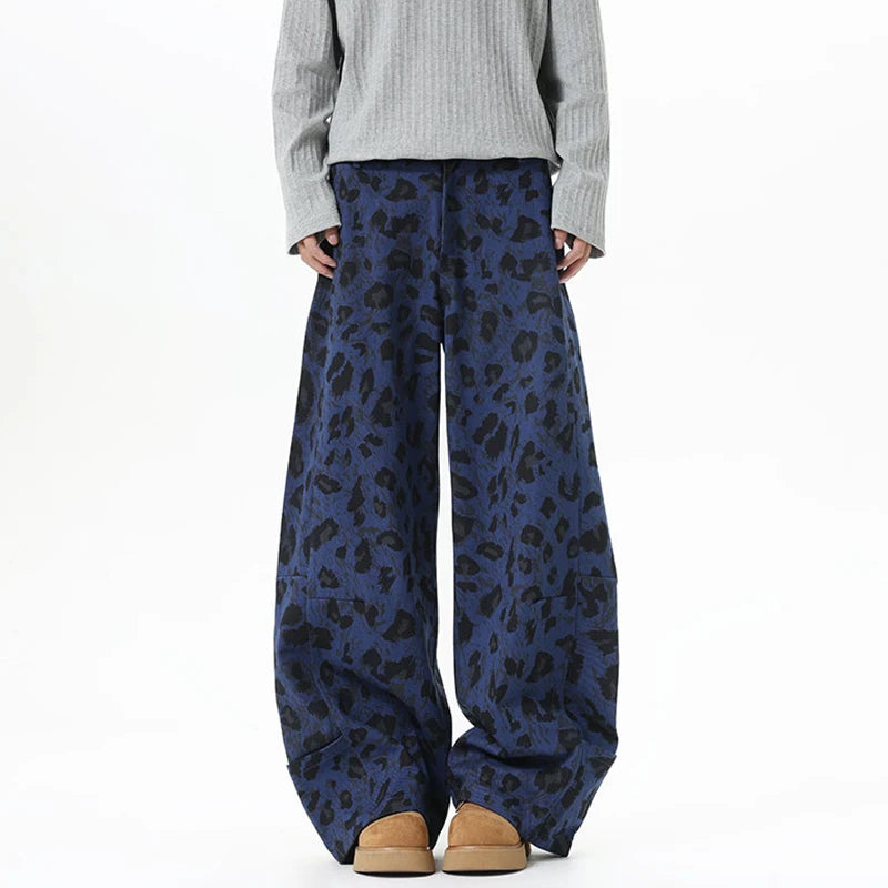 Y2K Blue Leopard Print Wide Leg Barrel Denim Jeans