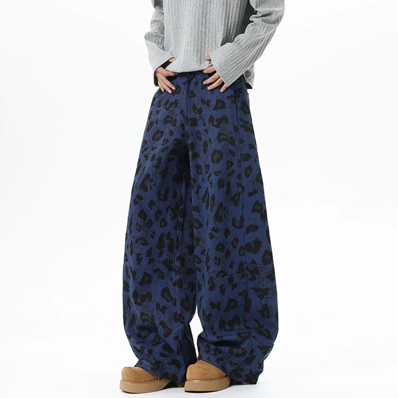 Y2K Blue Leopard Print Wide Leg Barrel Denim Jeans